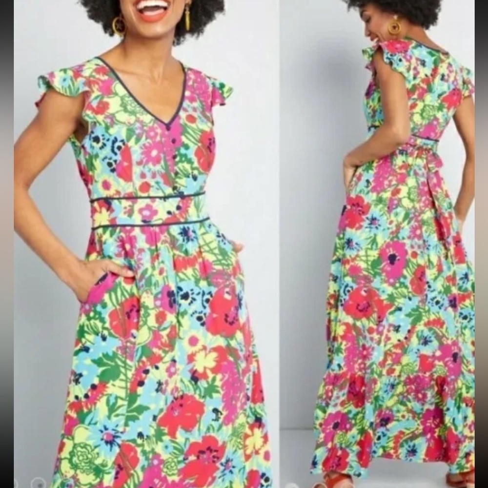 Modcloth 'Eyes On You' Maxi Dress Multicolor Floral Flutter Sleeve Size Medium